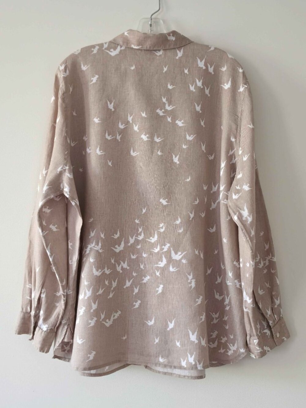 J. Jill 100% Linen Dove Bird Coastal Tan Khaki Button Down Long Sleeve Shirt XL - Picture 2 of 12